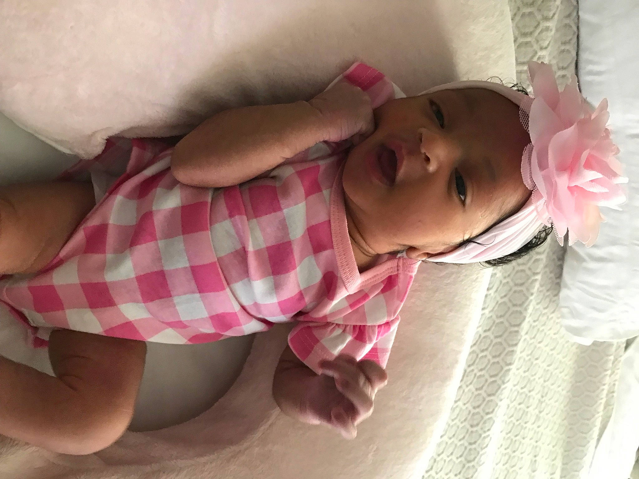 Haven is registered to the contest to win money with this photo: baby, baby_products, baby_toddler_clothing, cheek, child, comfort, eyelash, finger, hand, happy, headwear, linens, lip, mouth, nose, person, pink, room, skin, sleeve