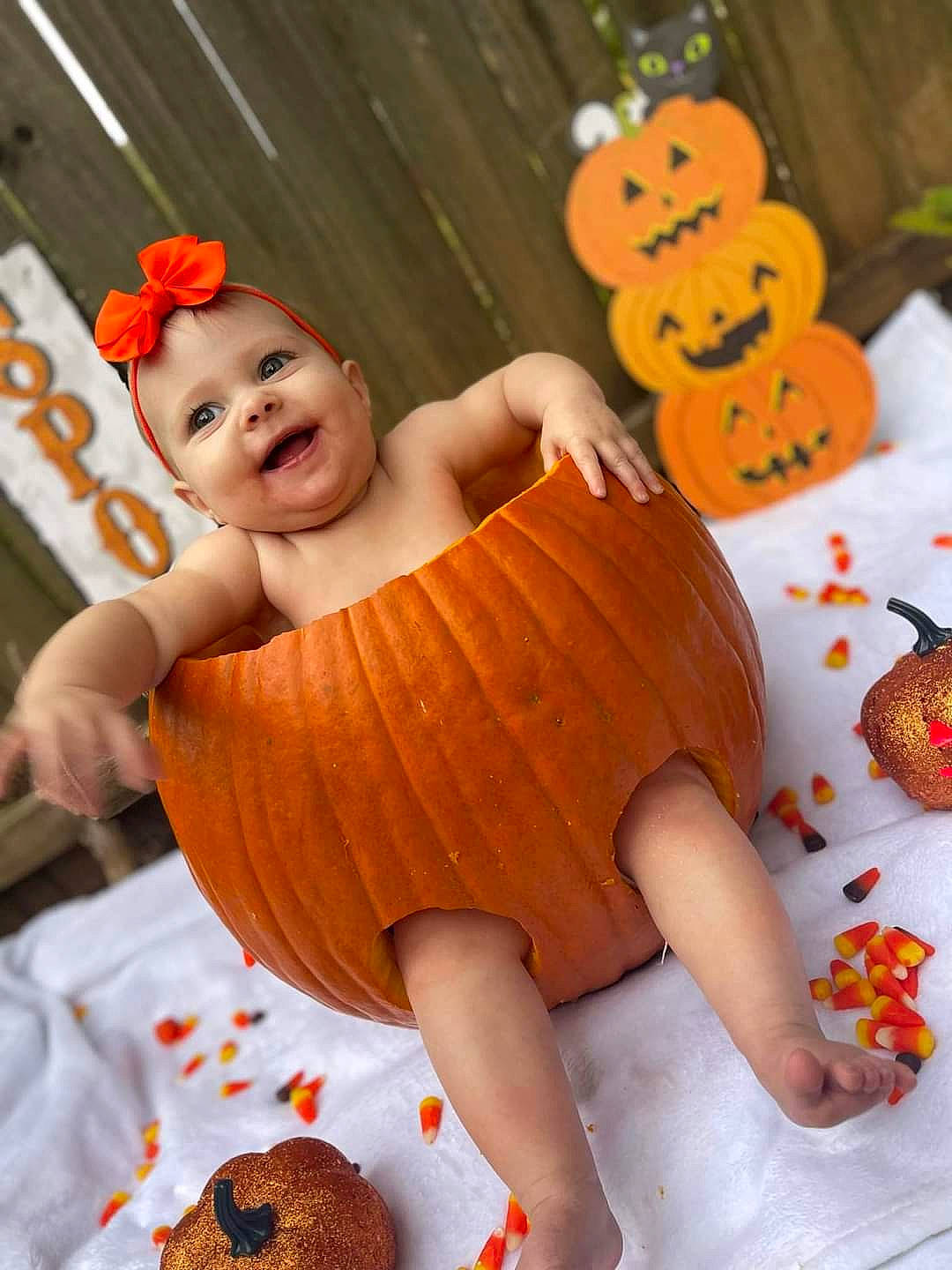 Kinsleigh joined the competition — help win amazing prizes! baby, baby_playing_with_toys, baby_toddler_clothing, calabaza, child, finger, fun, happy, joy, mammal, orange, person, play, pumpkin, room, smile, stuffed_toy, sugar_cake, toddler, toy