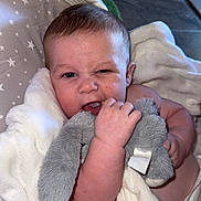 Oakley joined the competition — help win amazing prizes! baby, infant, blanket, stuffed_animal, toy, gray, soft, cute, indoor, face, hand, skin, expression, lying_down, comfort, child, newborn, cuddly, nap_time, home