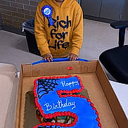Logan is registered to the contest to win money with this photo: birthday, birthday_cake, boy, cake, celebration, chair, child, classroom, cupcakes, decorations, drawing, face, hoodie, indoor, number_5, person, ribbon, smiling, table, wall