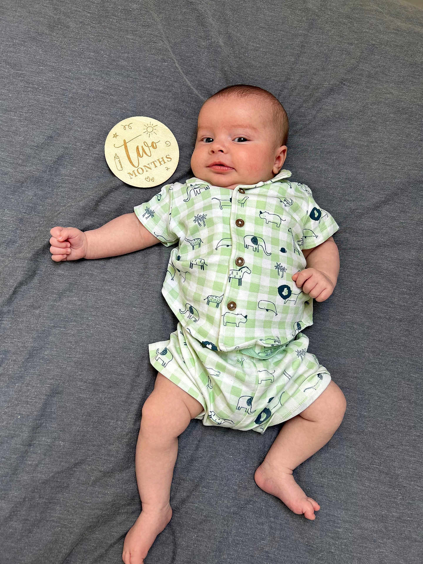 Freddie is registered to the contest to win money with this photo: baby, infant, two_months, clothing, green, white, animal_print, wooden_sign, milestone, blanket, gray, lying_down, cute, portrait, child, young, small, person, skin, indoors