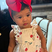 Aleah Arambula joined the competition — help win amazing prizes! toddler, child, red_bow, headband, white_dress, cherry_print, indoor, portrait, cute, curious, person, fashion, clothing, sitting, young_child, face, skin, hair, earrings, accessory