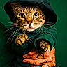 cat, tabby_cat, hoodie, green_clothing, tattooed_hand, pet, portrait, wide_eyes, cute, animal, feline, domestic_cat, green_background, clothing, fashion, hand, fur, whiskers, looking_at_camera, indoor