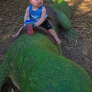 Rowan joined the competition — help win amazing prizes! toddler, child, statue, crocodile, outdoor, daylight, green, playground, sippy_cup, blue_clothing, shorts, barefoot, woodchips, tree, sunlight, curious, toy, nature, park, summer