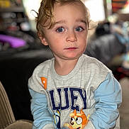 Atom is registered to the contest to win money with this photo: toddler, child, blue_eyes, blond_hair, long_sleeve_shirt, cartoon_characters, indoor, couch, curious_expression, hand_position, casual_clothing, portrait, young_child, seated, soft_background, focused, cute, person, face, eyebrows