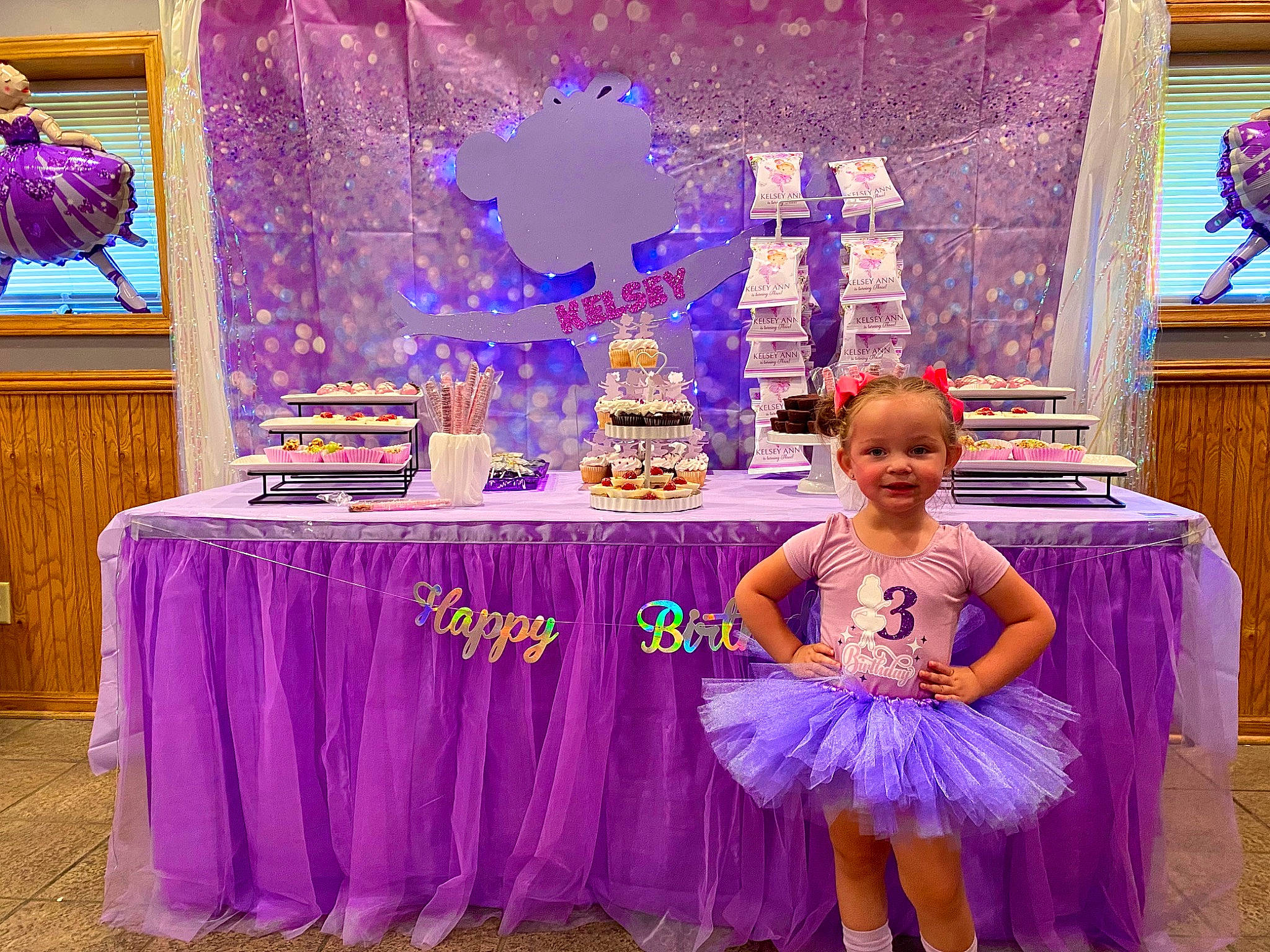 Kelsey is registered to the contest to win money with this photo: blue, decoration, desk, electric_blue, entertainment, event, fashion_design, flooring, fun, function_hall, happy, joy, magenta, person, pink, purple, smile, table, tablecloth, toddler