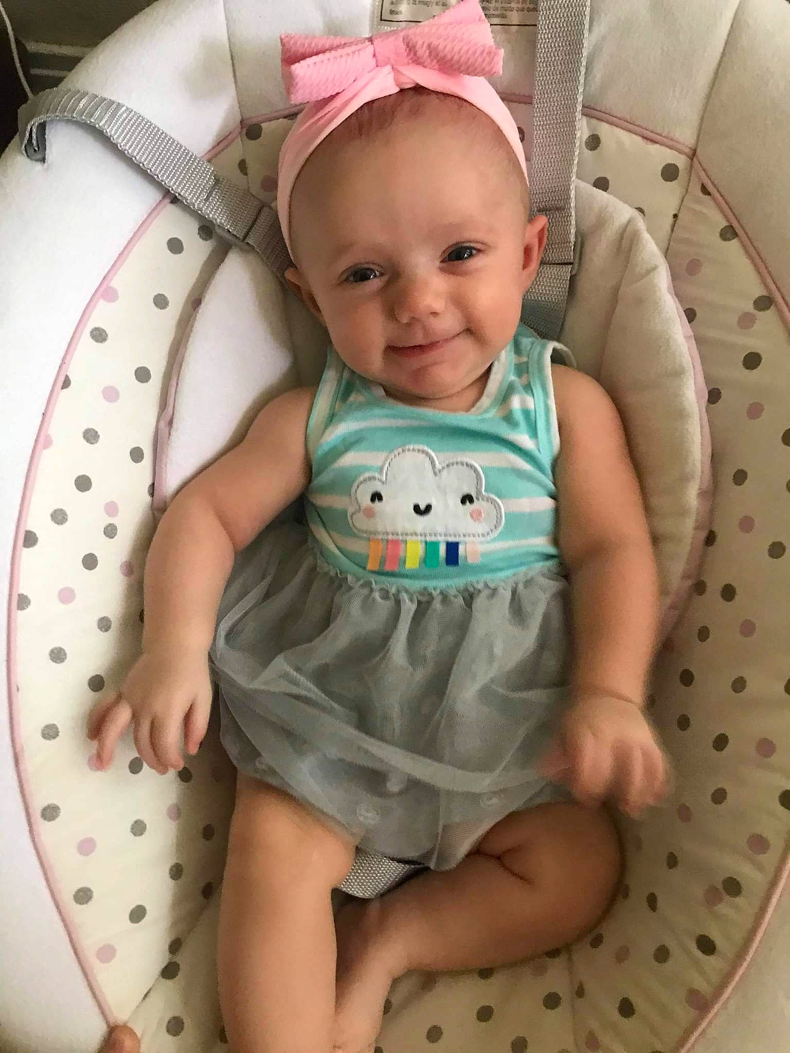 Airus is registered to the contest to win money with this photo: baby, baby_toddler_clothing, cheek, child, clothing, comfort, dress, facial_expression, happy, head, linens, pattern, person, pink, product, skin, sleeve, smile, t_shirt, toddler