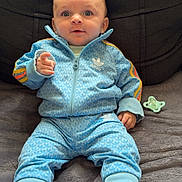 Aylan participe au concours pour gagner de l'argent avec cette photo : baby, child, blue_tracksuit, adidas, sneakers, pacifier, blanket, soft_fabric, indoor, seated, curious, wide_eyes, casual_clothing, infant, portrait, couch, comfortable, relaxed, fashion, young_child