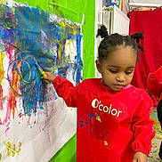 Luna participe au concours pour gagner de l'argent avec cette photo : art, art_room, brush, canvas, child, clothing, colorful, creative, expression, floor, green_wall, hair_buns, indoor, messy, painting, person, playful, radiator, red_smock, young_artist