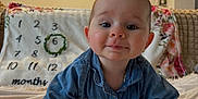 Joy participe au concours pour gagner de l'argent avec cette photo : baby, denim_shirt, crawling, face, blue_eyes, blanket, milestone, months, wreath, indoor, cozy, child, cute, portrait, couch, homedecor, smiling, young, infant, closeup