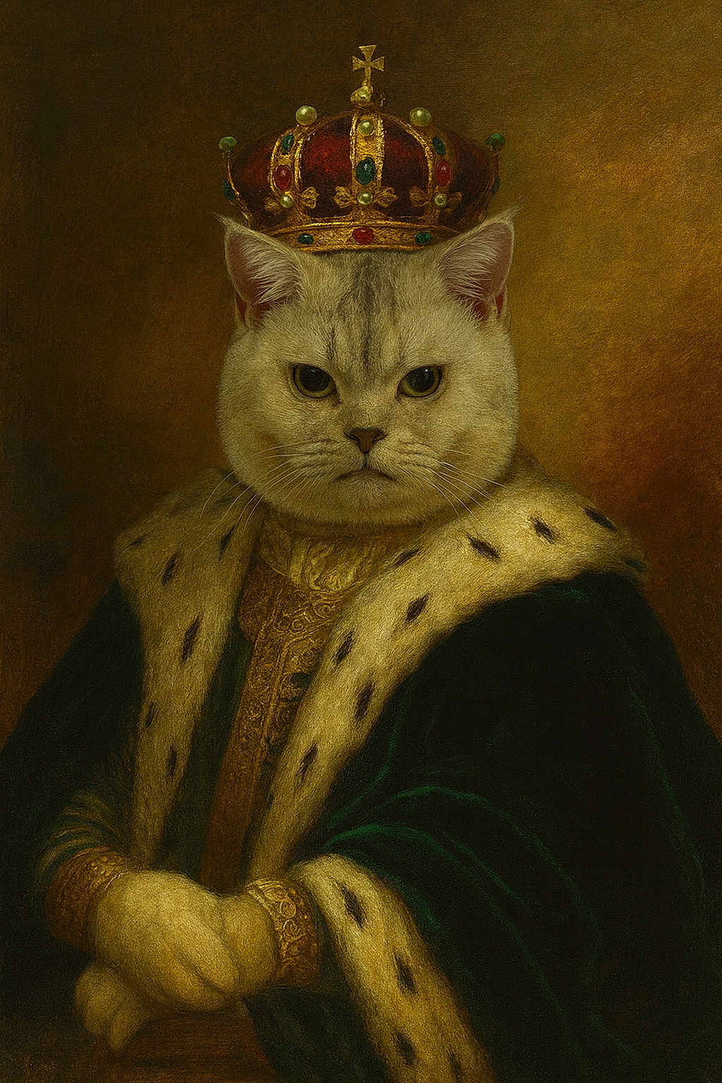 Gojo participe au concours pour gagner de l'argent avec cette photo : cat, crown, royalty, portrait, fur, regal, clothing, jewels, luxury, costume, animal, feline, historical_style, painting_style, formal, expression, pose, portrait_lighting, monarch, noble