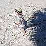 child, toddler, boy, straw_hat, striped_shirt, shorts, toy, sand, beach, barefoot, shadow, sunlight, grass, green_leaves, dune, side_profile, walking, summer, outdoor, vacation