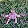 baby, infant, smiling, sitting, grass, outdoor, greenery, cute, chubby_cheeks, diaper, gingham_top, pink_clothing, bare_legs, happy, portrait, sunlight, nature, ground, playful, one_child