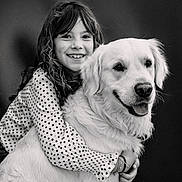 Taïko a rejoint le concours — aidez-le/la à gagner de superbes lots ! affection, animal, black_and_white, child, close_up, cute, dog, face, friendship, golden_retriever, happy, hugging, indoor, long_hair, pet, polka_dot, portrait, smiling, studio, warmth