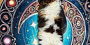 Mya participe au concours pour gagner de l'argent avec cette photo : cat, calico, fluffy, lying_down, belly_up, round_rug, celestial_pattern, books, wooden_floor, relaxed, indoor, feline, cozy, colorful, decor, home, pet, resting, curled_paws, patterned_rug