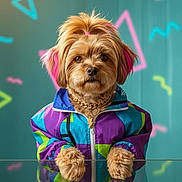 Paisley joined the competition — help win amazing prizes! animal, colorful_jacket, cute, dog, fashion, fur, geometric_shapes, glass_table, gold_chain, indoor, looking_at_camera, neon_background, paws, pet, pink_hair, portrait, reflection, retro_style, studio_lighting, topknot
