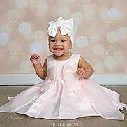 Amaira joined the competition — help win amazing prizes! baby, baby_fashion, backdrop, bokeh, bow, child, dress, fashion, floor, headband, indoors, pink_dress, portrait, sitting, smiling, studio, text_overlay, toddler, watermark, white