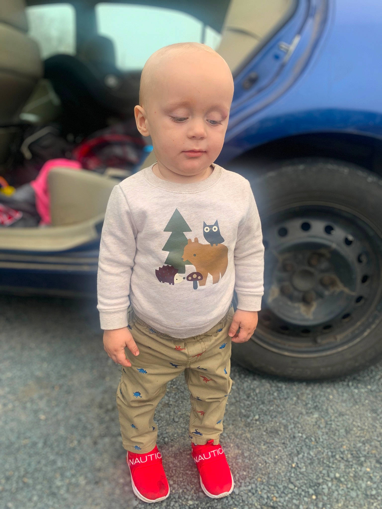 Jaxson joined the competition — help win amazing prizes! automotive_design, automotive_exterior, automotive_lighting, automotive_tire, baby_toddler_clothing, bumper, car, chin, eye, fender, fun, happy, person, shoe, sleeve, t_shirt, tire, toddler, vehicle, vehicle_door