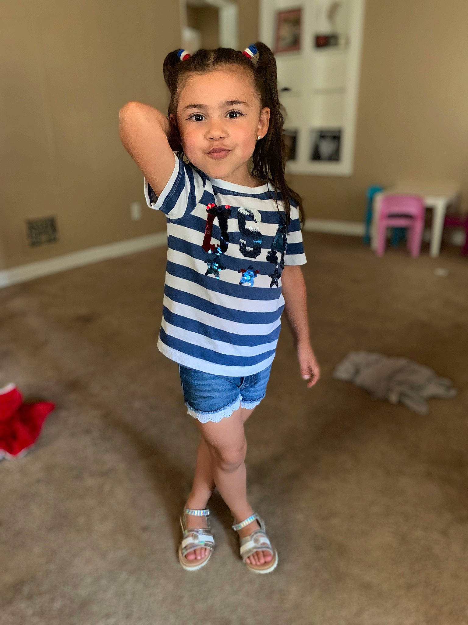 Laylah joined the competition — help win amazing prizes! baby_toddler_clothing, child, day_dress, electric_blue, face, fashion_design, flash_photography, flooring, fun, happy, human_leg, joy, knee, neck, one_piece_garment, pattern, person, sleeve, standing, t_shirt