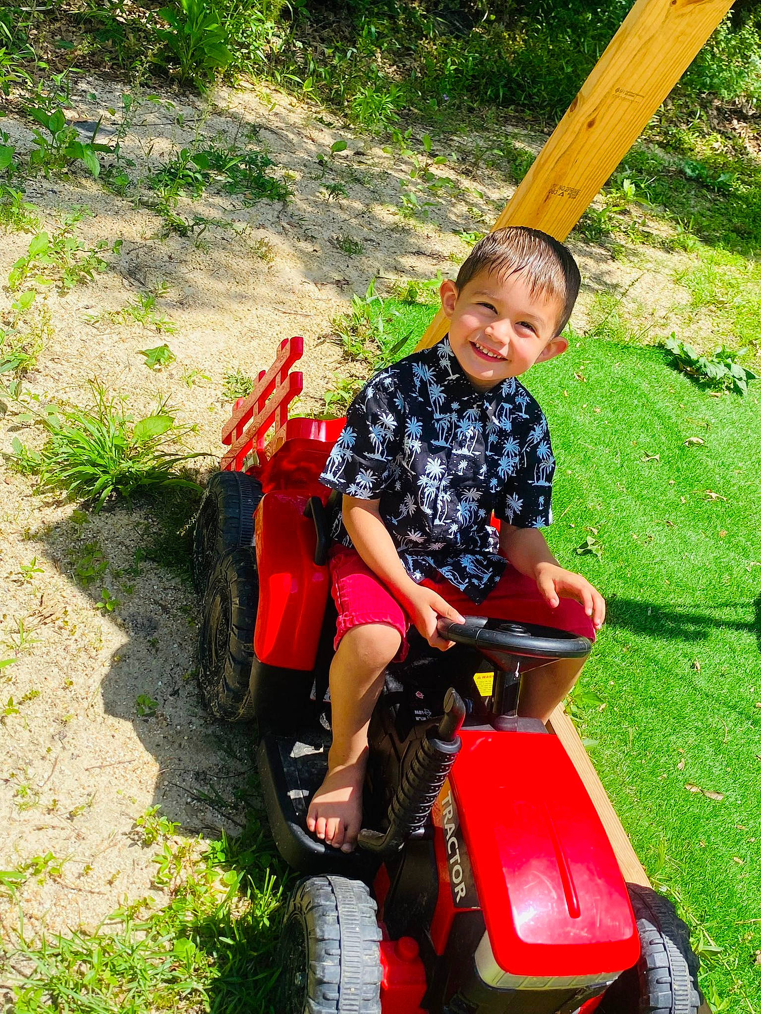 Dariel is registered to the contest to win money with this photo: automotive_tire, fender, fun, grass, joy, leisure, motor_vehicle, mower, outdoor_power_equipment, people_in_nature, person, plant, recreation, riding_toy, shorts, sitting, smile, tire, toddler, travel