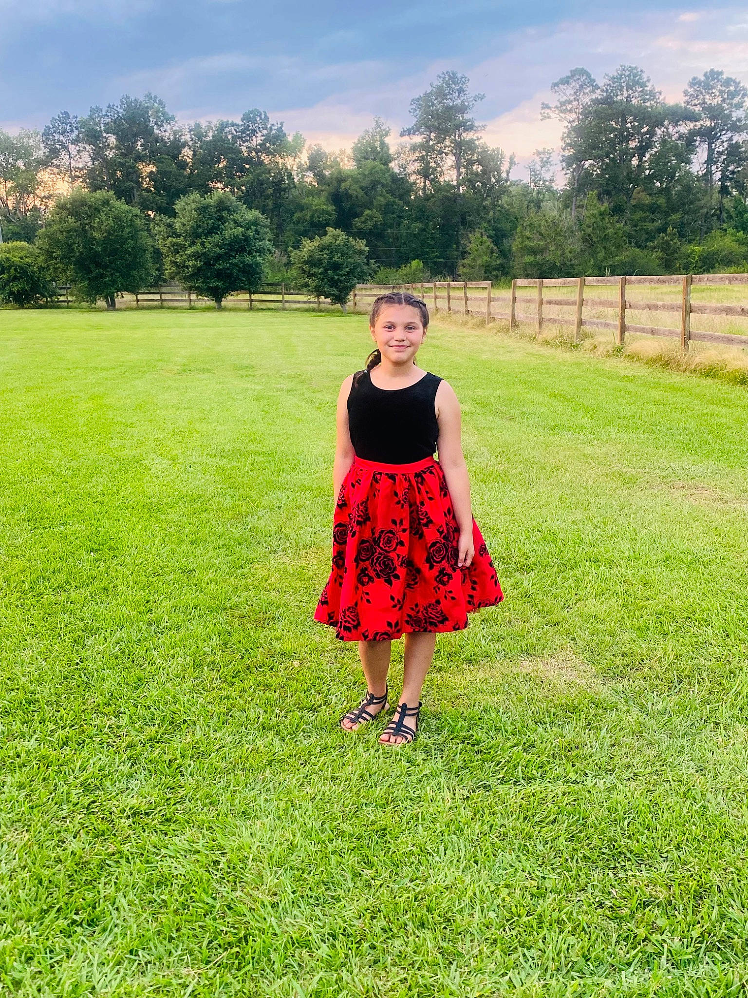 Alyssia is registered to the contest to win money with this photo: cloud, day_dress, dress, fence, formal_wear, grass, grass_family, grassland, hair, happy, joy, leisure, magenta, meadow, one_piece_garment, people_in_nature, person, plain, plant, sky