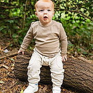 Jax is registered to the contest to win money with this photo: toddler, child, forest, log, leaves, outdoor, nature, curious, blue_eyes, ginger_hair, sneakers, pants, long_sleeve_shirt, autumn, ground, tree, person, young_child, casual_clothing, sitting