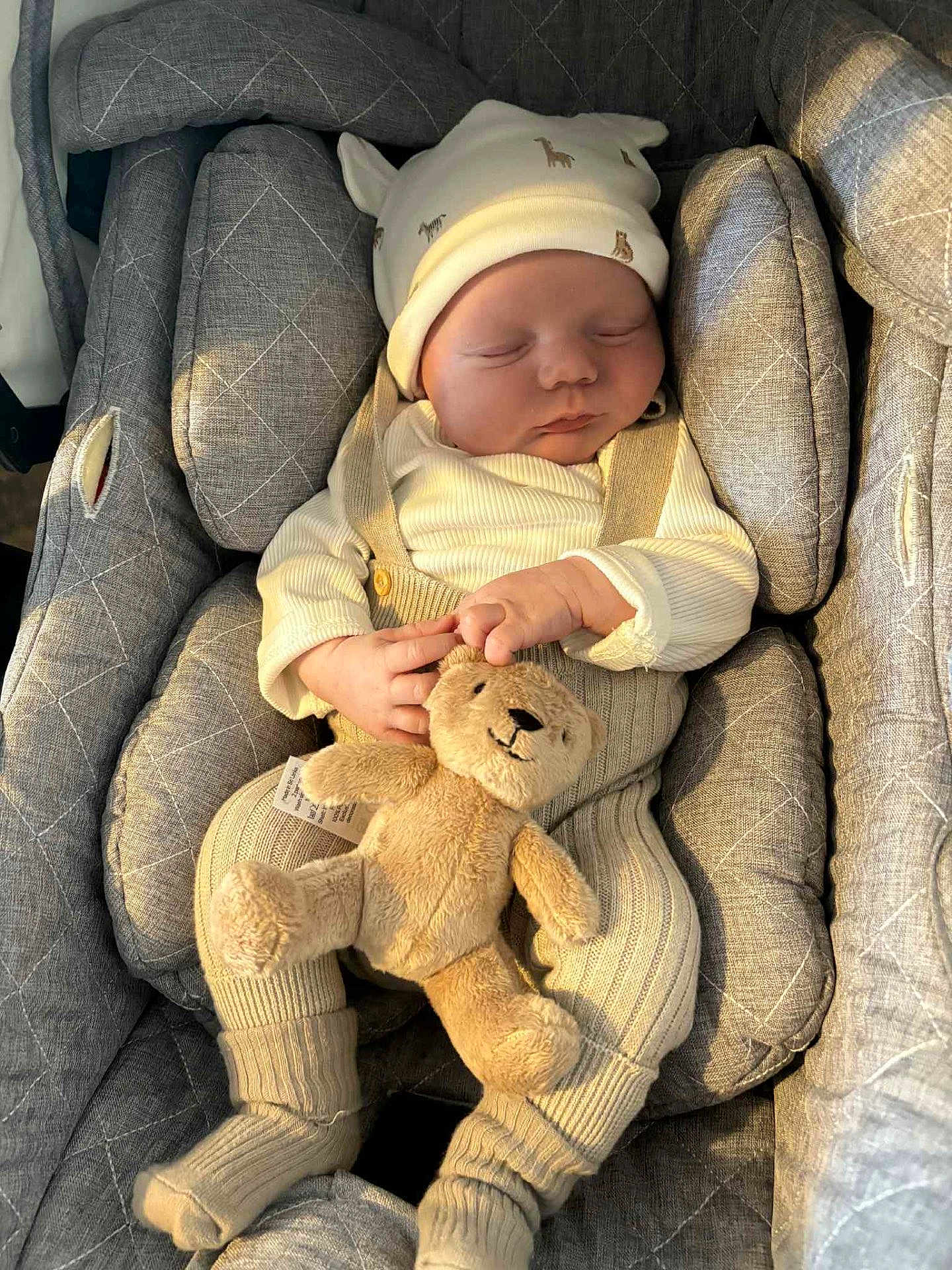 Riley is registered to the contest to win money with this photo: baby, sleeping, infant, teddy_bear, plush_toy, car_seat, knitwear, hat, cozy, child, cute, peaceful, soft_lighting, indoors, cushion, comfort, resting, small_child, adorable, portrait