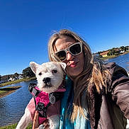 Asha is registered to the contest to win money with this photo: dog, small_dog, pet, harness, person, sunglasses, selfie, lake, water, houses, grass, blue_sky, outdoors, jacket, scarf, hand, portrait, happy, sunny, residential