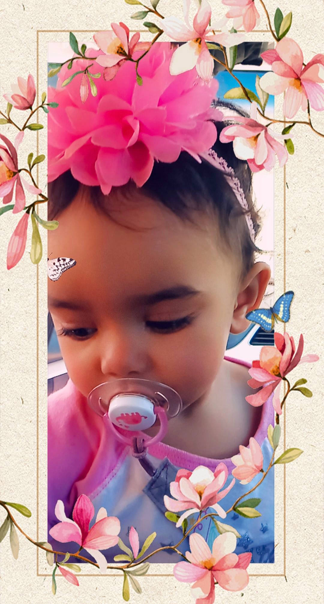Amelia Rose is registered to the contest to win money with this photo: baby, cheek, child, ear, fashion_accessory, flower, hair_accessory, headband, headgear, headpiece, joy, nose, person, petal, photography, pink, plant, skin, spring, toddler