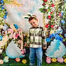 child, boy, bunny_ears, plaid_shirt, jeans, sneakers, pose, smile, spring, easter, eggs, flowers, backdrop, colorful, green_grass, playful, cute, holiday, festive, portrait