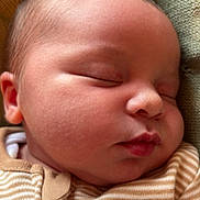 Weston joined the competition — help win amazing prizes! baby, sleeping, face, infant, onesie, striped_clothing, embroidered_animal, closeup, peaceful, soft_skin, newborn, child, portrait, cute, cozy, head, ear, nose, lips, texture