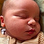 baby, sleeping, face, infant, onesie, striped_clothing, embroidered_animal, closeup, peaceful, soft_skin, newborn, child, portrait, cute, cozy, head, ear, nose, lips, texture