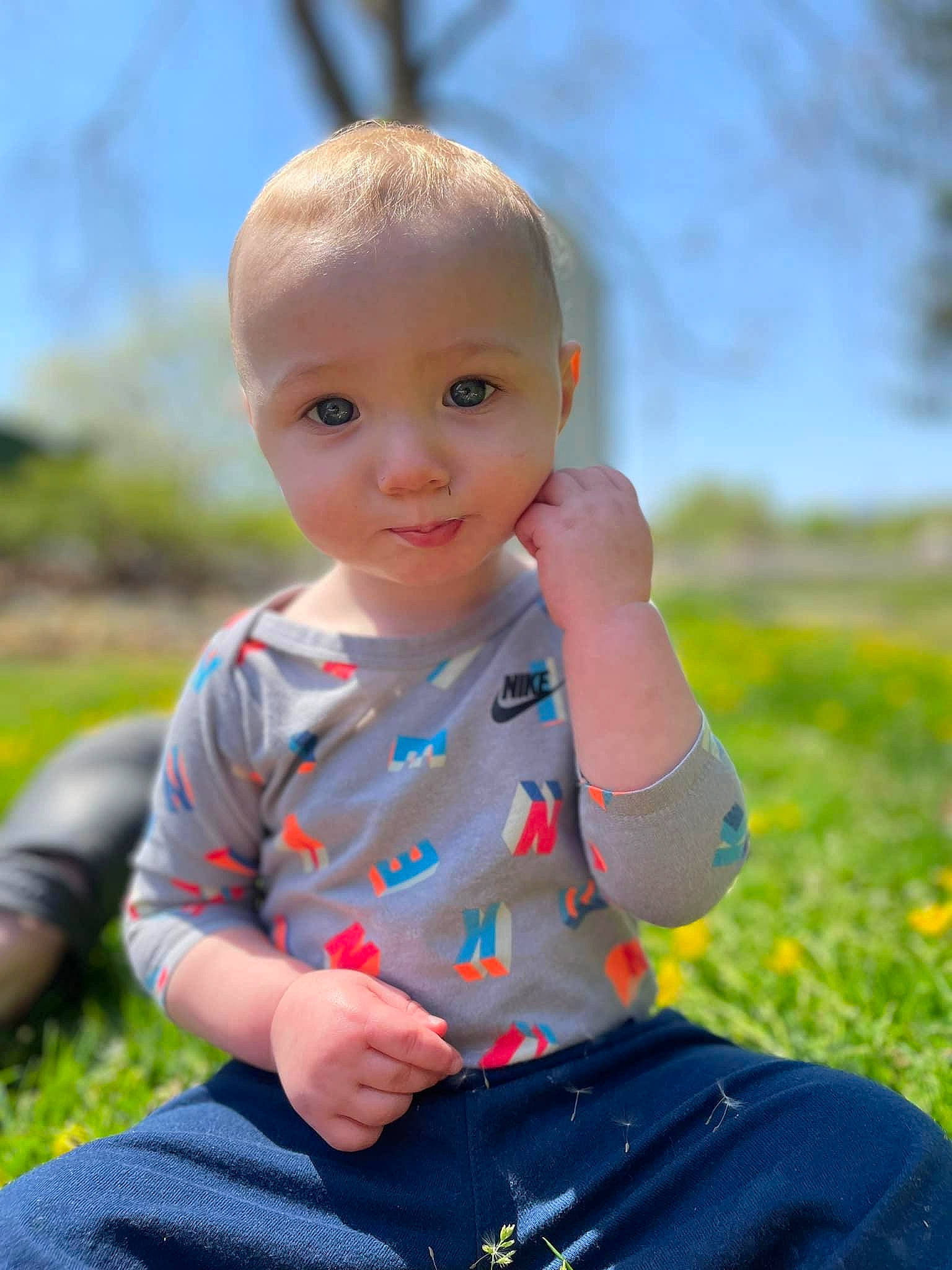Greyson is registered to the contest to win money with this photo: baby_toddler_clothing, child, chin, flash_photography, grass, grassland, happy, iris, leisure, people_in_nature, person, photograph, plant, skin, sky, sleeve, smile, summer, sunlight, toddler