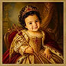 child, toddler, portrait, royal, crown, tiara, scepter, ornate_dress, velvet_cape, jewelry, curly_hair, smiling, seated, throne, palace, historical_costume, red, gold, ai_generated, text_watermark