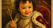 Kira is registered to the contest to win money with this photo: child, toddler, portrait, smiling, crown, royalty, throne, scepter, fleur_de_lis, ornate, costume, regal, velvet, fur_trim, jewelry, curly_hair, seated, indoor, fantasy, ai_generated