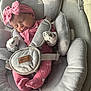 Maribelle is registered to the contest to win money with this photo: baby, sleeping, pink_clothing, headband, bow, car_seat, safety_harness, mittens, hello_kitty, plush, gray, infant, cute, peaceful, indoor, child, soft_texture, cozy, newborn, resting