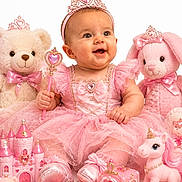 Anora is registered to the contest to win money with this photo: baby, child, pink_dress, princess_crown, wand, teddy_bear, plush_bunny, unicorn_toy, toy_castle, toy_carriage, smiling, sitting, cute, sparkly, headband, bows, cute_baby, portrait, fairytale, playtime