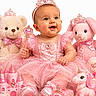 baby, child, pink_dress, princess_crown, wand, teddy_bear, plush_bunny, unicorn_toy, toy_castle, toy_carriage, smiling, sitting, cute, sparkly, headband, bows, cute_baby, portrait, fairytale, playtime