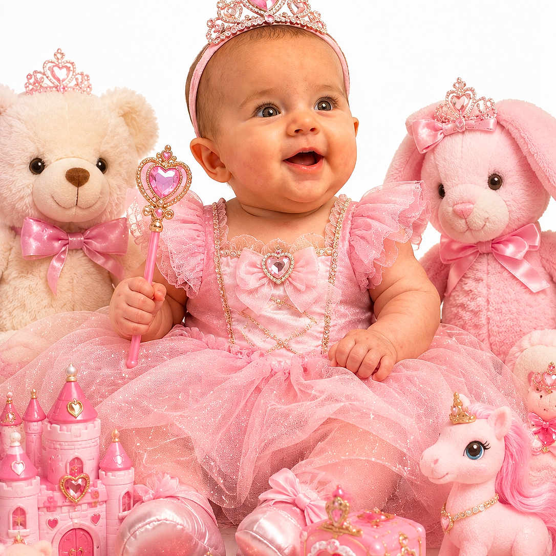 Anora is registered to the contest to win money with this photo: baby, child, pink_dress, princess_crown, wand, teddy_bear, plush_bunny, unicorn_toy, toy_castle, toy_carriage, smiling, sitting, cute, sparkly, headband, bows, cute_baby, portrait, fairytale, playtime