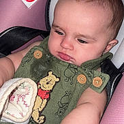 Anora is registered to the contest to win money with this photo: baby, infant, car_seat, child, green_outfit, winnie_the_pooh, clothing, pink, seatbelt, cute, serious_expression, indoor, child_safety, fabric, button, toddler, person, portrait, closeup, young_child