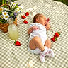 baby, basket, cute, daylight, flowers, fresh_fruit, grass, infant, lemonade, nature, outdoor, peaceful, picnic_blanket, portrait, relaxation, sleeping, socks, strawberries, summertime, white_clothing
