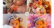 Anora joined the competition — help win amazing prizes! baby, infant, child, portrait, headband, blanket, teddy_bear, pacifier, cute, sleeping, awake, clothing, pattern, pink, orange, soft_texture, indoor, closeup, newborn, collage