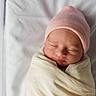 baby, bed, blanket, child, closeup, cozy, cute, face, hat, headwear, hospital, indoors, infant, newborn, peaceful, portrait, rest, sleeping, soft_light, wrapped