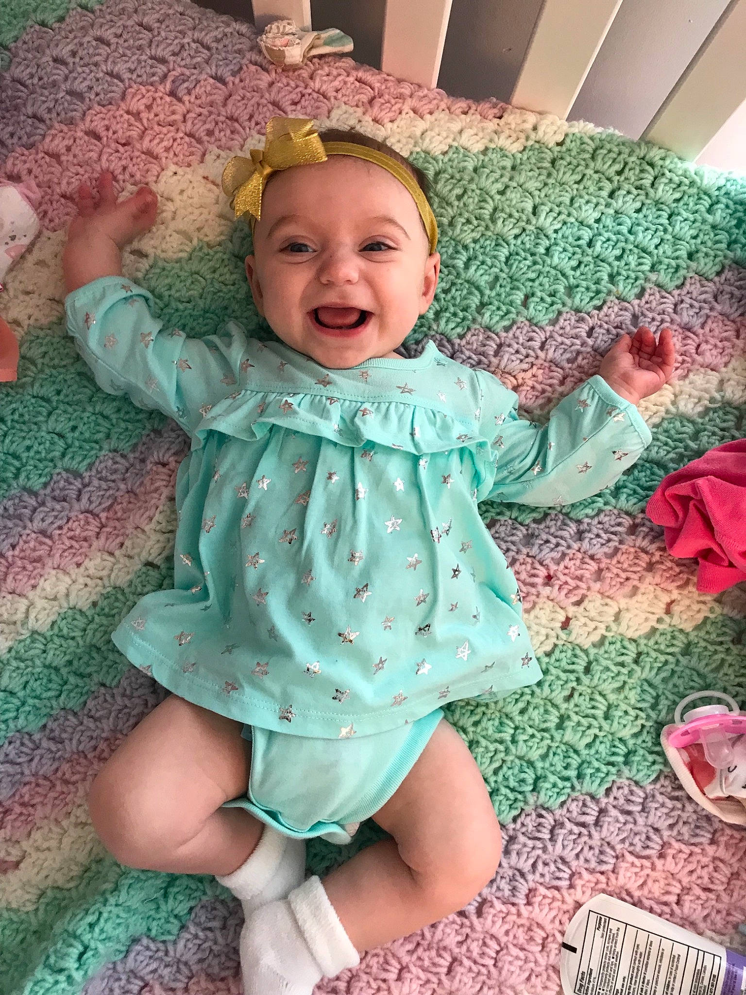 Isabella joined the competition — help win amazing prizes! baby, baby_products, baby_toddler_clothing, cheek, child, design, dress, green, pattern, person, pink, product, sleeve, smile, textile, toddler