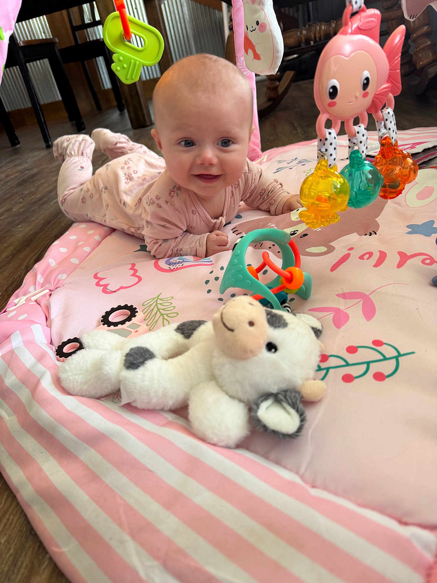 Patsy is registered to the contest to win money with this photo: baby, infant, play_mat, pink, toy, plush_toy, cow, rattle, floor, wooden_floor, furniture, smiling, cute, child, indoors, crawling, colorful, playtime, person, happy