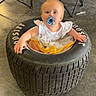 Patsy is registered to the contest to win money with this photo: baby, blue_eyes, child, clothing, concrete_floor, curious, floor, folding_chair, garage, indoor, object, pacifier, person, playful, seat, sitting, tire, toddler, white_shirt, yellow_skirt