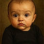 baby, child, portrait, face, eyes, expression, black_clothing, curious, serious, head, infant, closeup, skin, person, young, indoors, soft_light, background, studio, cute
