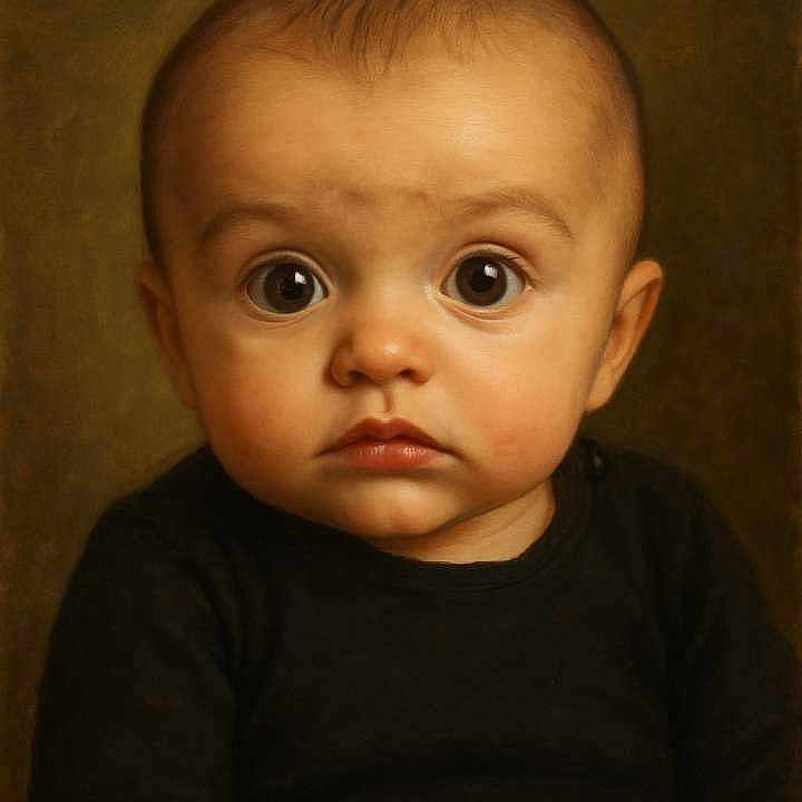 Ennis participe au concours pour gagner de l'argent avec cette photo : baby, child, portrait, face, eyes, expression, black_clothing, curious, serious, head, infant, closeup, skin, person, young, indoors, soft_light, background, studio, cute
