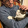 armchair, cat, chair, cozy, cuddling, eyewear, facial_hair, glasses, hand, home_interior, indoor, knit_sweater, lap, person, pet, relaxed, soft_lighting, sweater, tabby_cat, white_cat