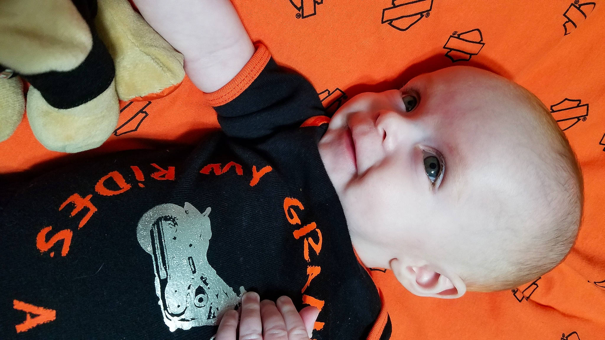 Garland is registered to the contest to win money with this photo: baby, baby_products, baby_toddler_clothing, cheek, child, cool, finger, human, iris, lip, nail, orange, person, skin, toddler